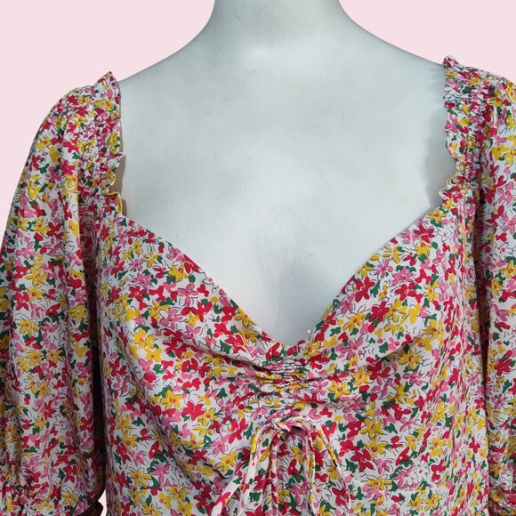 Lush Boho Ditsy Floral Smocked Back Sweetheart Neck Puff Sleeve Midi Dress Sz X - Picture 7 of 11